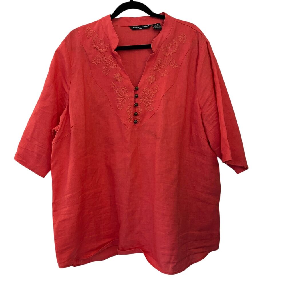 St.‎ Tropez West Woman Salmon Pink 100% Linen Embroidered Blouse Plus Size 3X